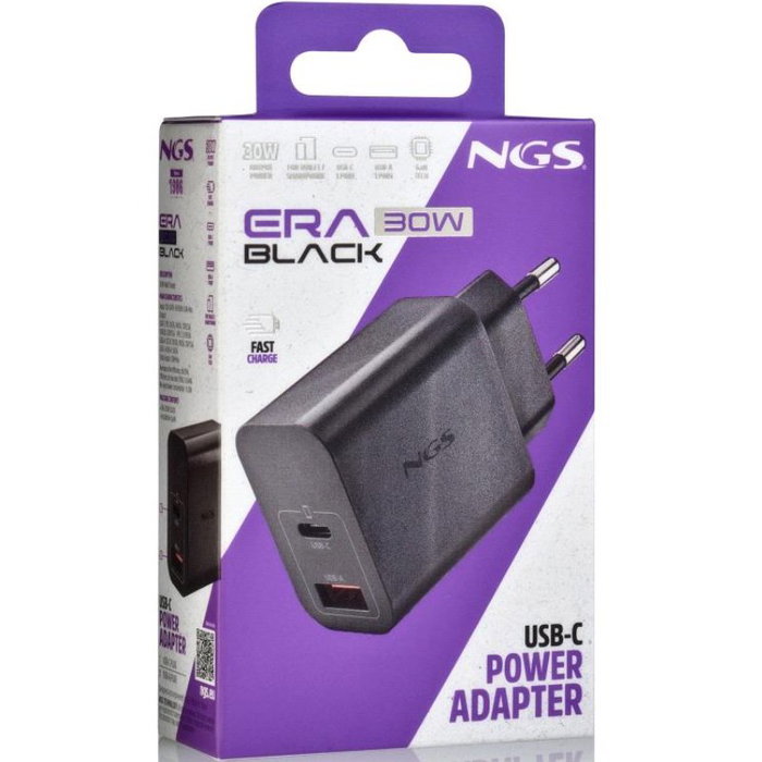 NGS Cargador de pared GaN ERA 30W con USB-C y USB-A, Negro